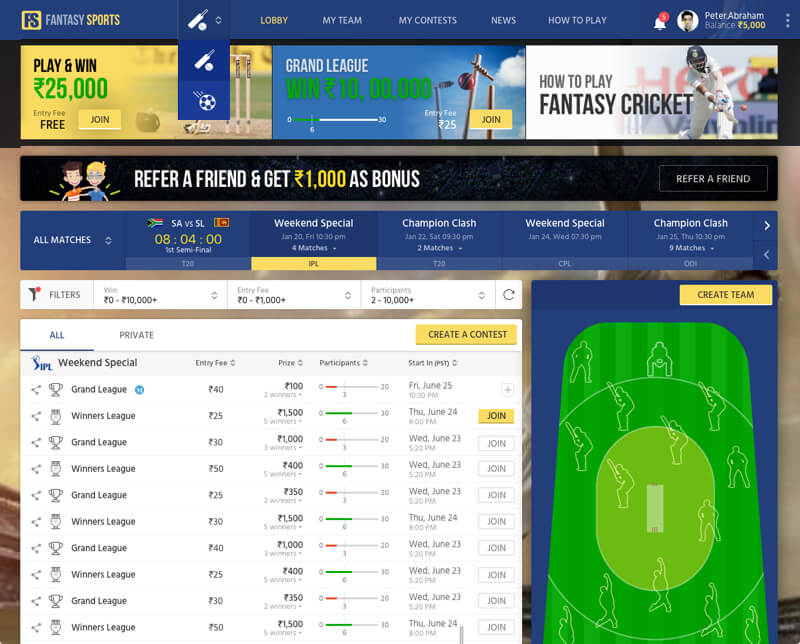 Spartan league fantasy cricket website by Vinfotech