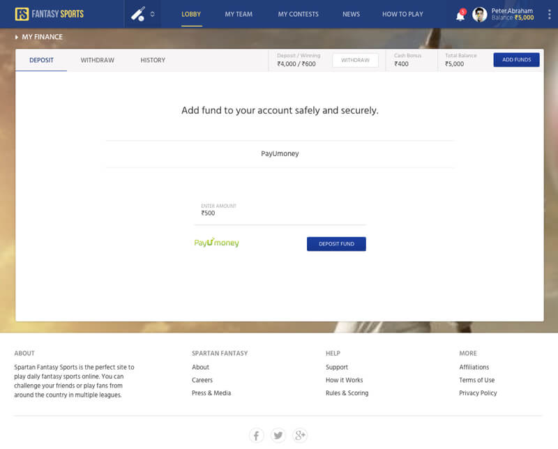 Spartan league fantasy soccer website by Vinfotech