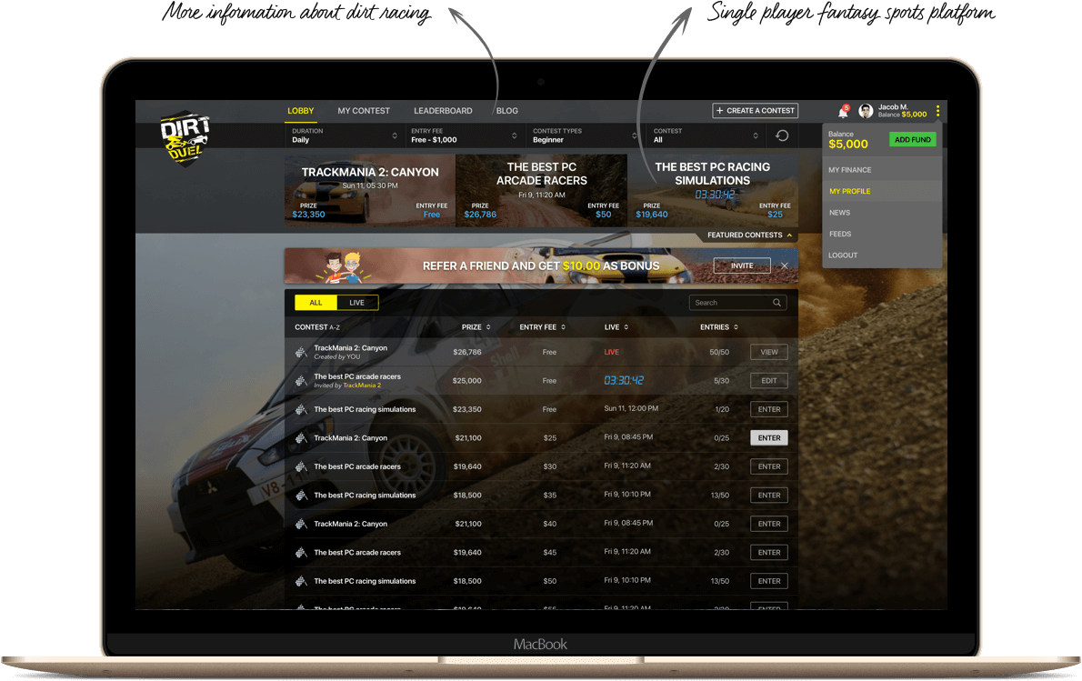 Dirt Racing Focused Fantasy Platform design