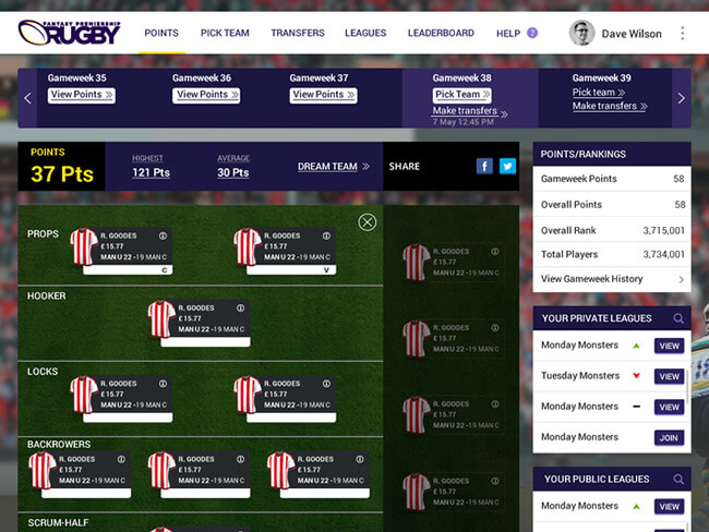 Fantasy rugby platform application for British fans