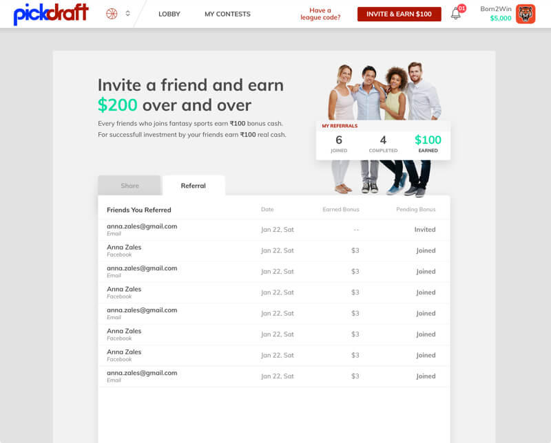 Invite and earn for DFS games by vinfotech