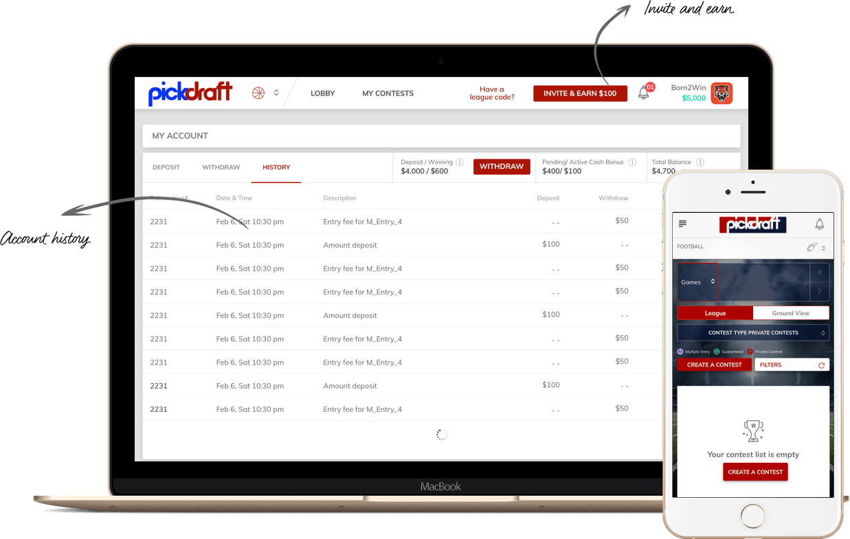 Pickdraft DFS application for NFL, NBA & MLB by vinfotech