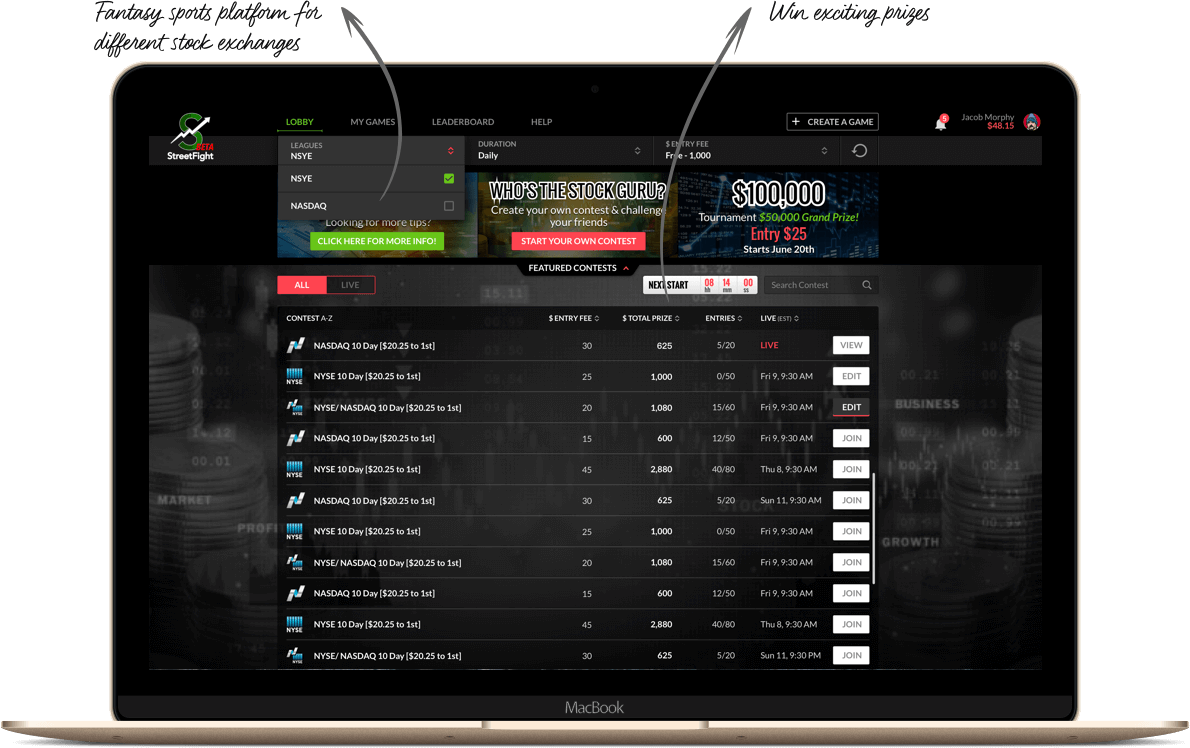 Streetfight fantasy stock market software designed by Vinfotech